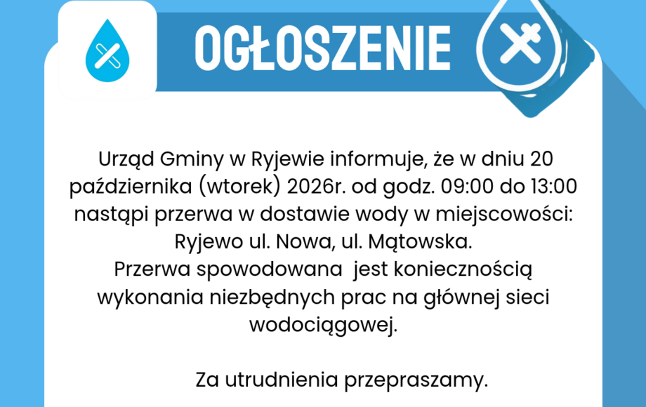 Ogłoszenie o braku wody w Ryjewo